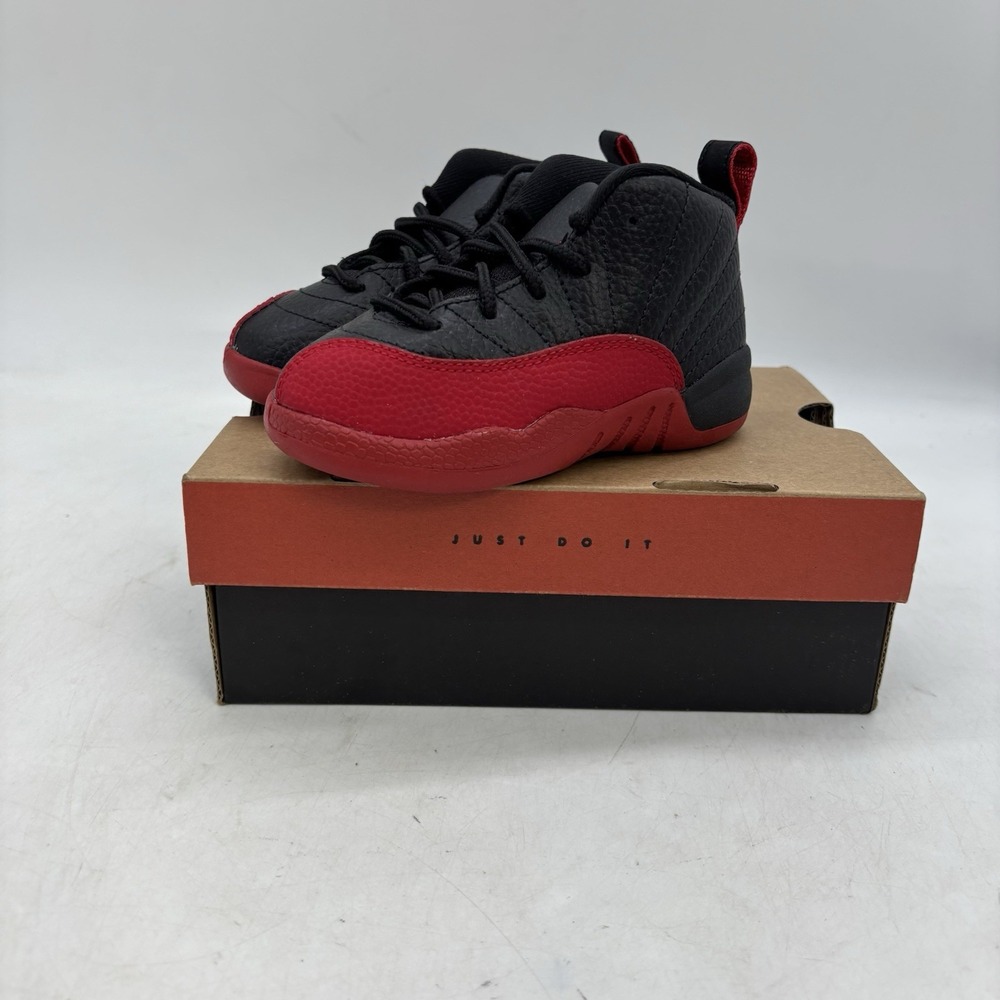 Jordan Air Jordan 12 Retro Shoes Kids 7C BT Black/Red Leather Mid-Top Sneaker